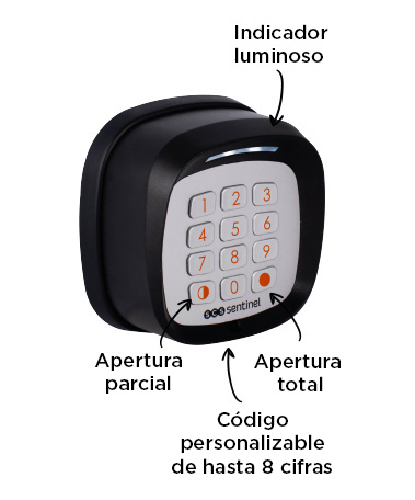 teclado inalámbrico, indicador luminoso, apertura total o parcial